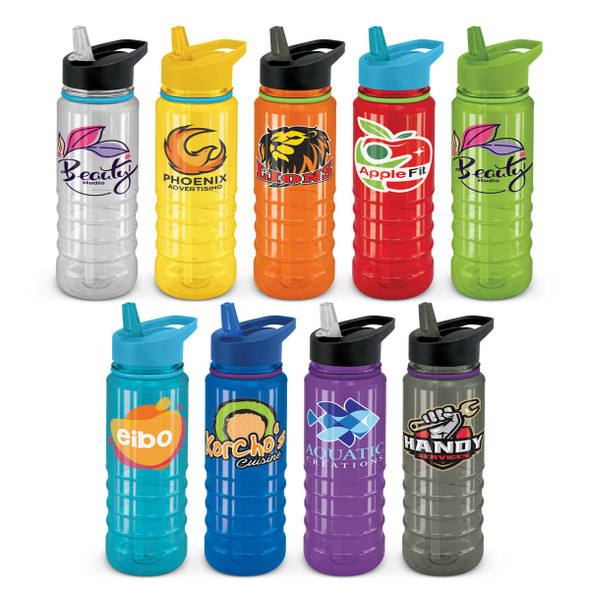 A drink bottle collection featuring various colours: yellow, orange, green, blue, purple, and clear, each with a logo. A drink bottle collection featuring various colours: yellow, orange, green, blue, purple, and clear, each with a logo.