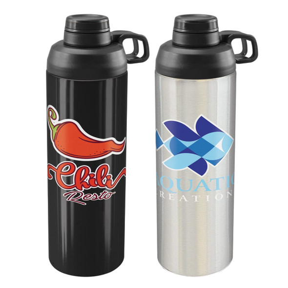 A drink bottle with a black matte finish featuring a red chili design and a silver bottle with a fish logo.