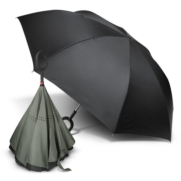 A dark green and black inverted umbrella, showcasing its unique design and a folded section. It features a logo.