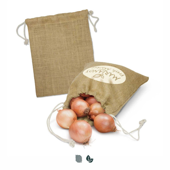 A medium jute produce bag in a natural brown colour, filled with onions, featuring a drawstring closure.