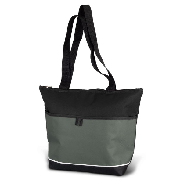 A lunch cooler bag in black and olive green with a zip closure and two straps. It features a logo on the front. A lunch cooler bag in black and olive green with a zip closure and two straps. It features a logo on the front.