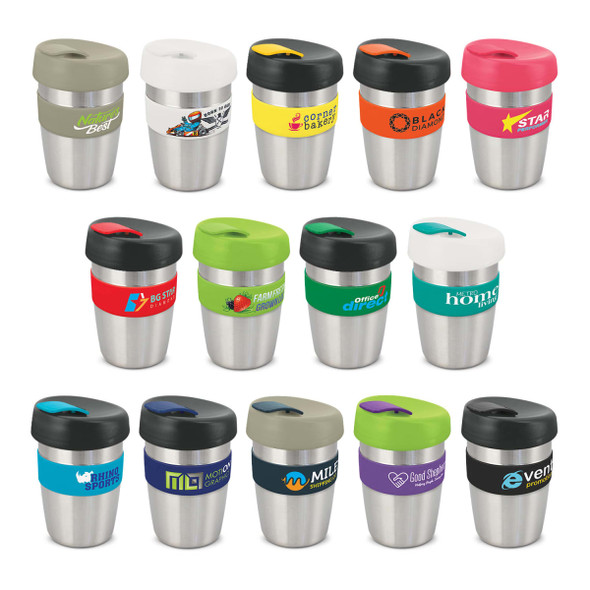 A collection of stainless steel cups in various colours with silicone bands and lids, featuring different logos.