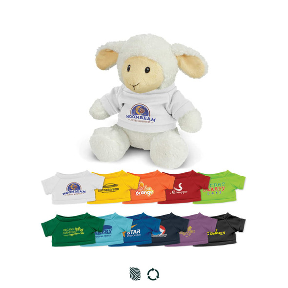 A cute, cream-coloured lamb plush toy wearing a white shirt, surrounded by various coloured shirts.