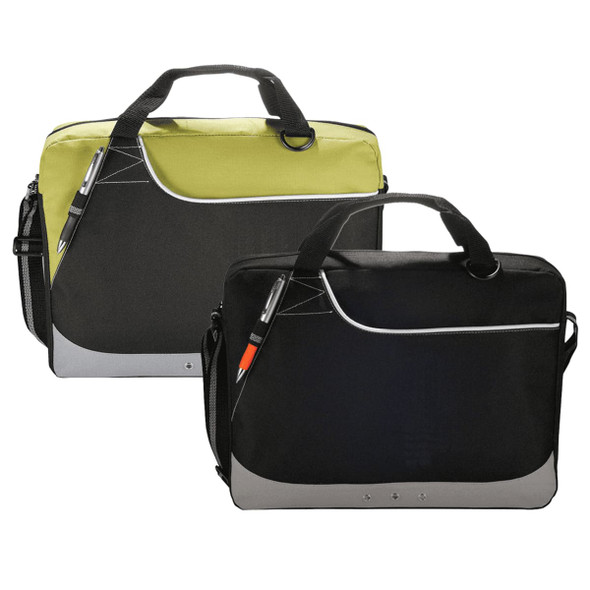 A laptop bag set featuring one black bag and one black with lime green accents, both with a shoulder strap and logo.