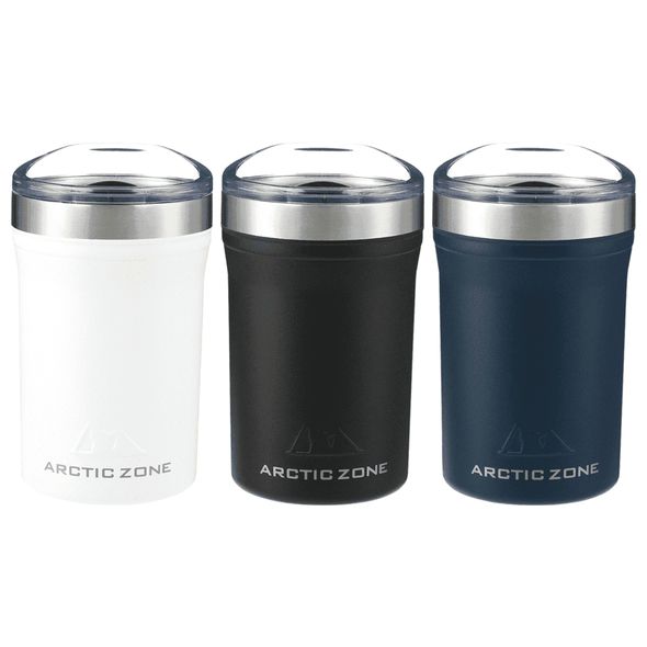 A drink bottle set in white, black, and navy, featuring a stainless steel lid and a logo.