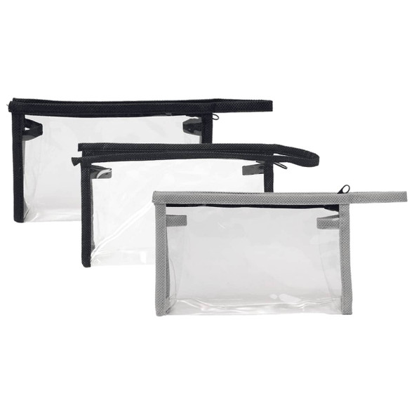 A set of three clear toiletry bags in black and grey, featuring zip closures and mesh detailing.