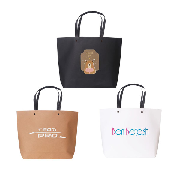 Three boutique paper bags in black, brown, and white, featuring various designs and logos.