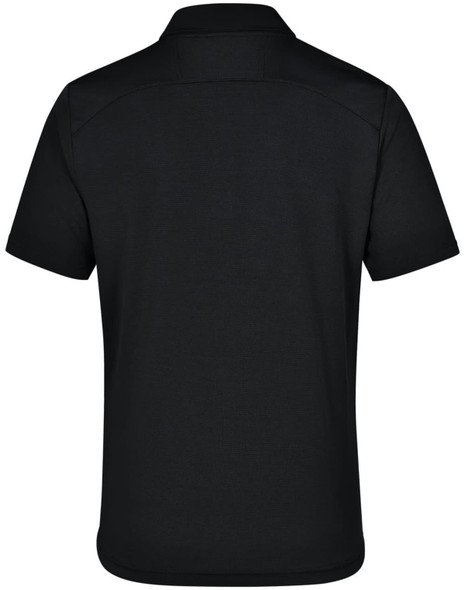 A back view of a black polo shirt featuring a collar and short sleeves, with a logo on the fabric.