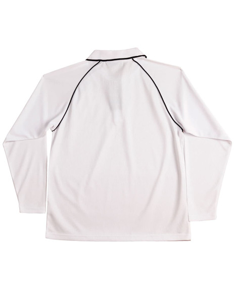 A white long-sleeve polo shirt with a raglan design and contrasting black stitching. Features a logo on the chest.