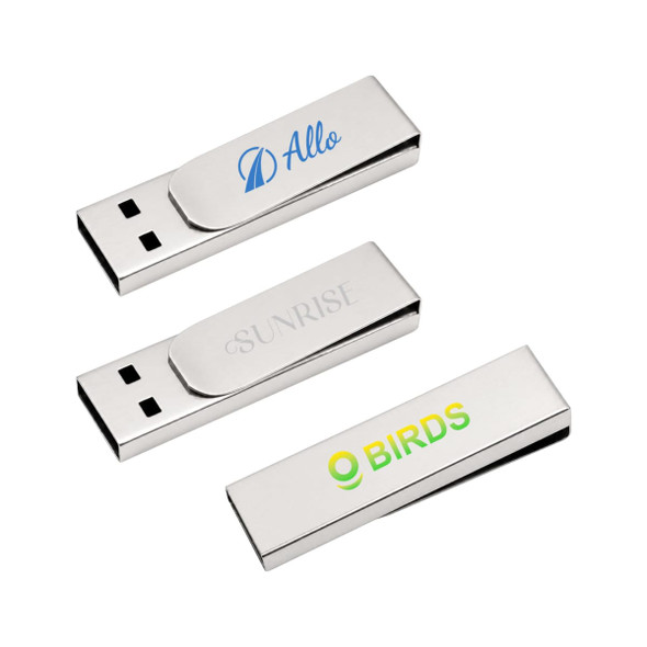 Three silver metal clip flash drives featuring different logos. Each drive has a sleek, modern design.