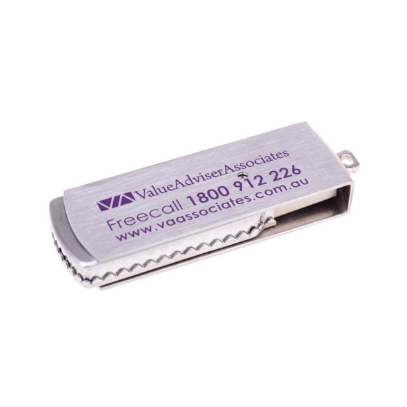 A metal rectangular swivel flash drive with a silver finish and a branding logo on the side.