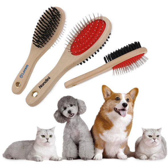 A set of three pet brushes in wooden handles, featuring black and red bristles, with two cats and a dog in the background. A set of three pet brushes in wooden handles, featuring black and red bristles, with two cats and a dog in the background.