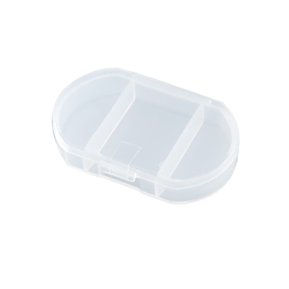 A clear, oval, three-compartment pill box made of plastic, featuring a simple clasp closure.