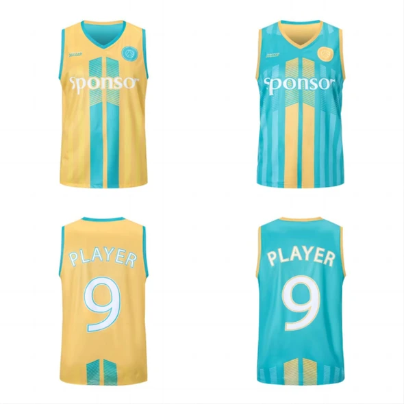 A reversible basketball singlet in yellow and turquoise, featuring stripes and a logo, with numbered player options.