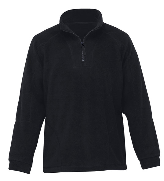 A black polar fleece pullover featuring a half-zip design and a collar. It has a logo on it.