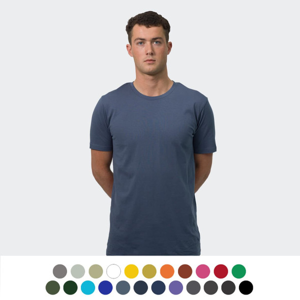 A grey T-shirt on a model, featuring a crew neck and short sleeves, with a selection of colours below.