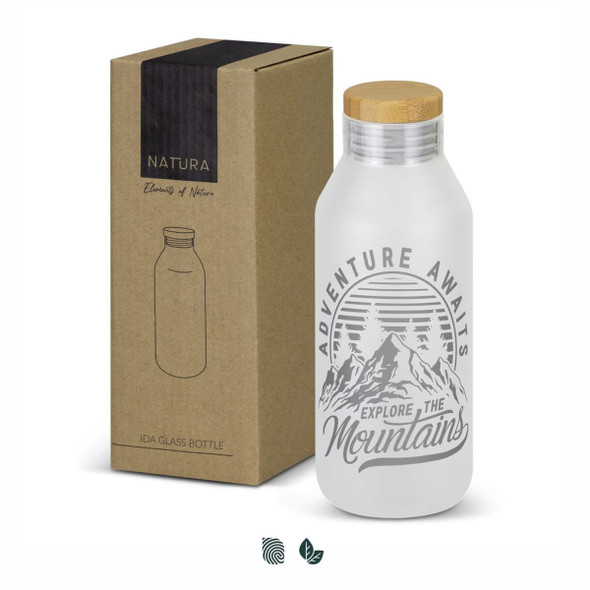 A drink bottle with a frosted white finish and a wooden lid, packaged in a cardboard box with a logo.