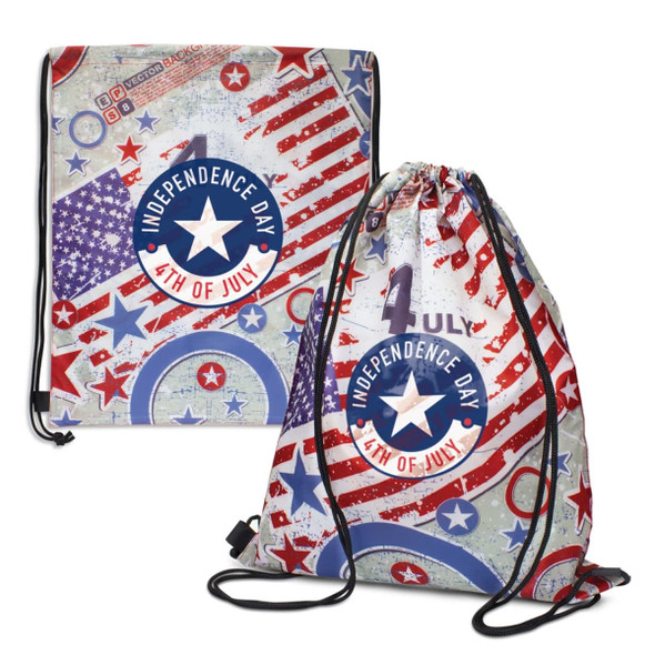 A drawstring backpack featuring a patriotic design in red, white, and blue with a logo and stars.