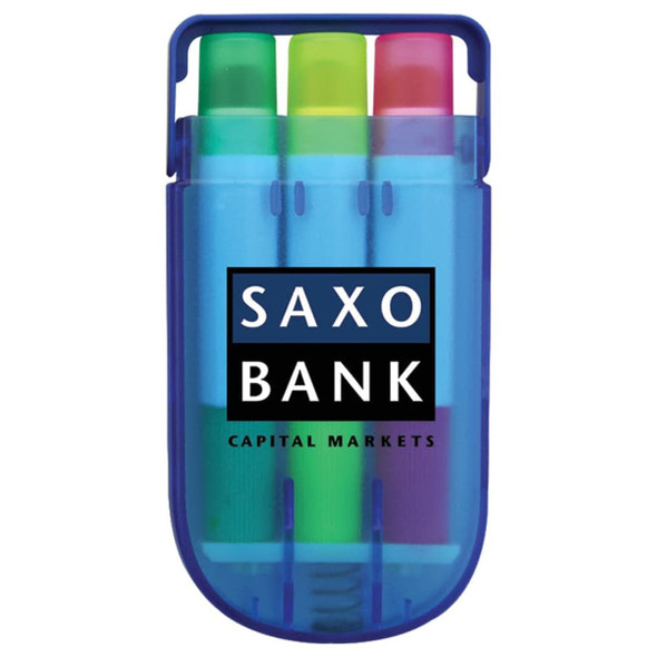 A set of three gel highlighters in green, pink, and yellow, enclosed in a blue plastic holder with a logo.