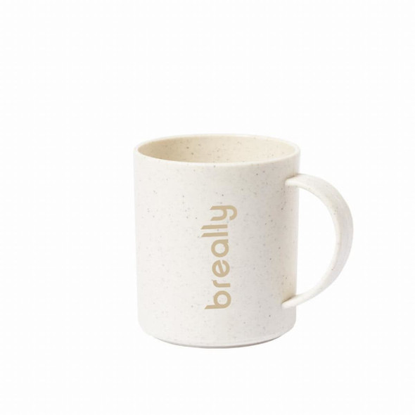 A coffee mug in a beige speckled finish, featuring a handle and a branding logo.