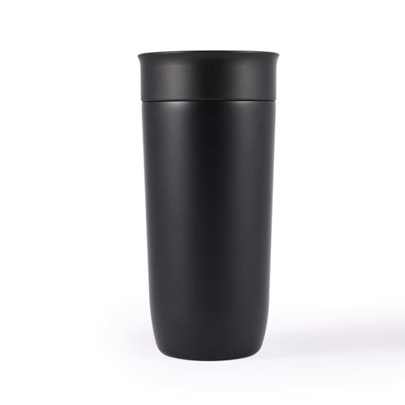 A stainless steel coffee cup with a sleek black finish and a matching lid, designed for reusable drinkware.
