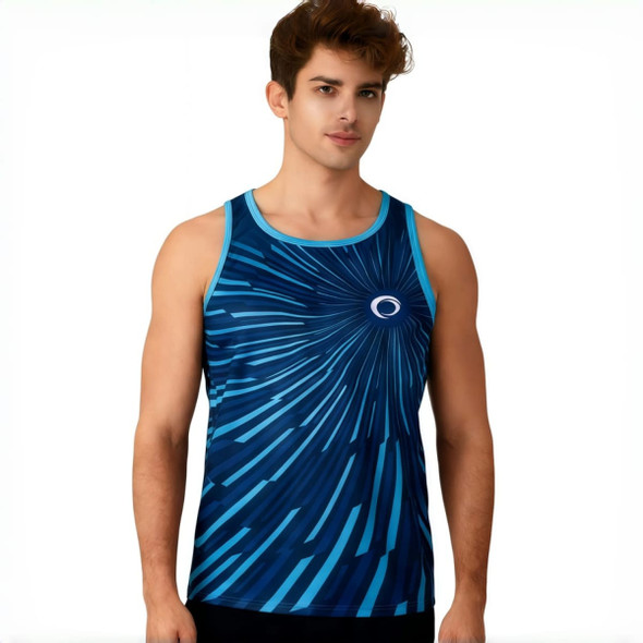 A man wearing a blue and teal 100% polyester sublimated singlet with a logo on the chest.