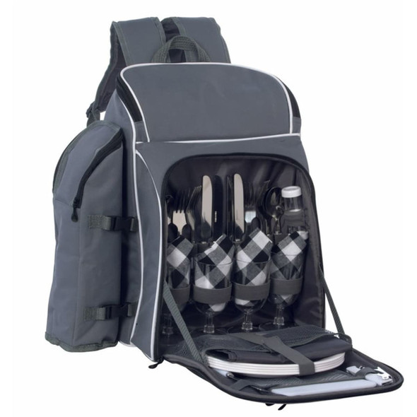 A grey picnic backpack with plates, glasses, cutlery, and drink bottles neatly arranged inside.