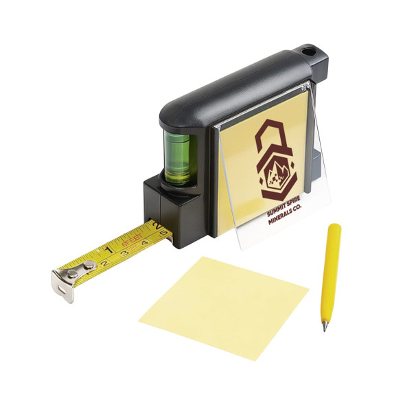 A black contractor tape measure with a yellow measuring tape, a level, a notepad, and a yellow pen. It has a logo. A black contractor tape measure with a yellow measuring tape, a level, a notepad, and a yellow pen. It has a logo.