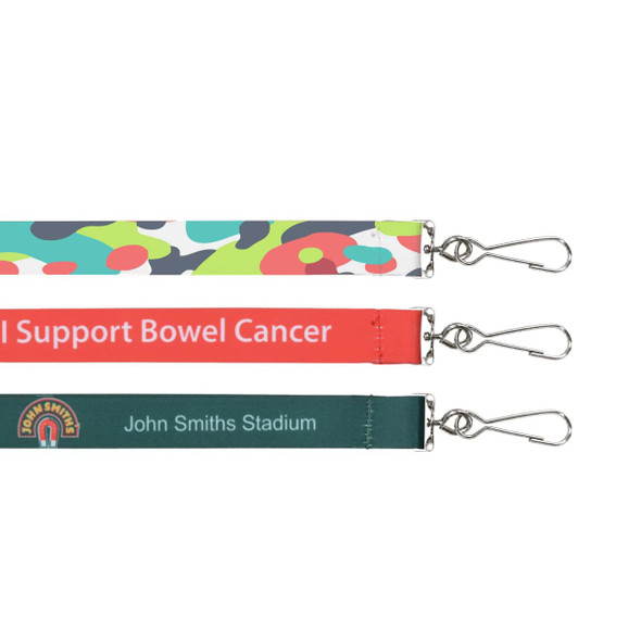 A set of three sublimation lanyards in camo, red, and green, each featuring clips and various designs.