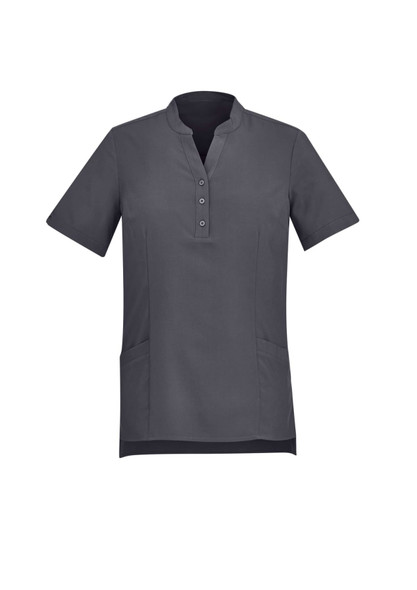 A dark grey women's tunic with a mandarin collar, short sleeves, and front pockets, featuring buttons and a logo.