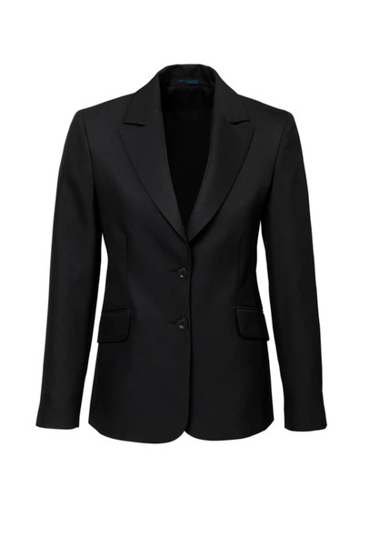 A black longline women's jacket with a blazer style, featuring two buttons and front pockets. It has a logo.