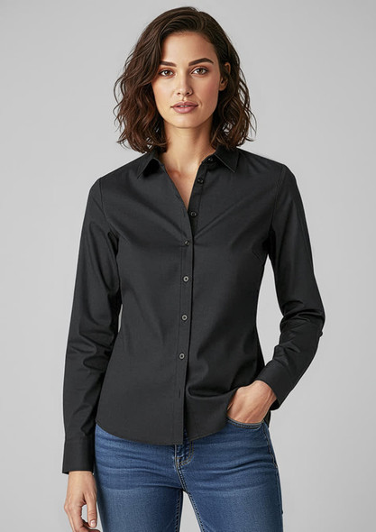 A long sleeve women's button-up shirt in black, featuring a collared neck and a fitted silhouette.