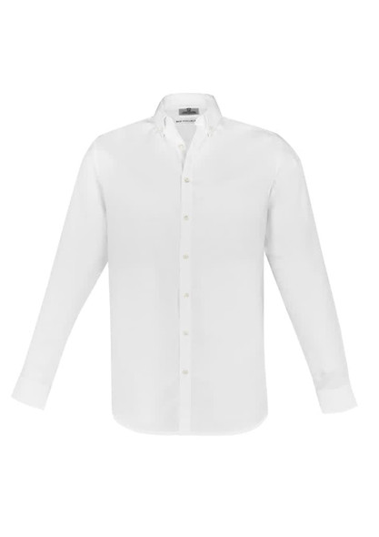 A white long sleeve button-up shirt with a collar and a logo on the label.