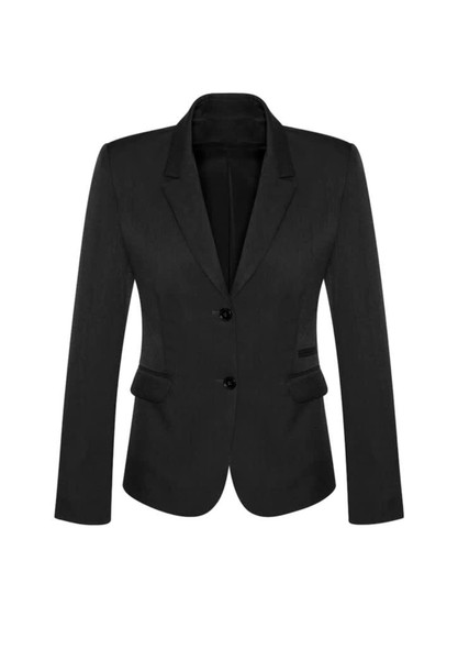 A women's mid-length black blazer featuring a two-button closure and side pockets. The jacket has a fitted silhouette.