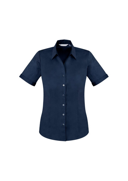 A navy blue women's short sleeve button-up shirt featuring a fitted design and a collar. It has a logo on the chest area.