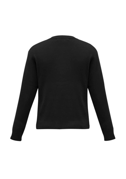 A black knitted pullover with long sleeves and a crew neck, featuring a plain back design.