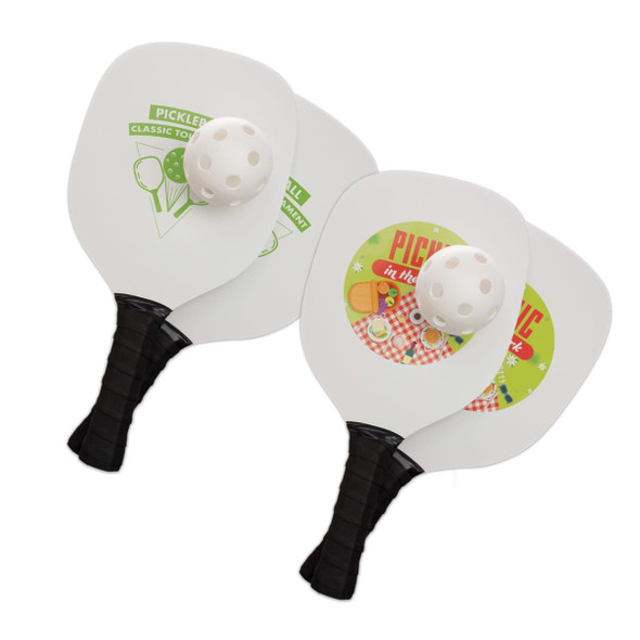 A pickleball set featuring two paddles with colorful designs and a lightweight pickleball.