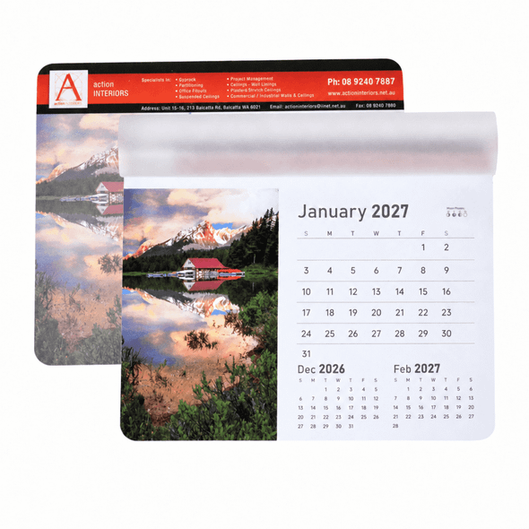 A calendar mouse mat featuring a scenic landscape design with a monthly calendar layout, predominantly in blue and white tones.