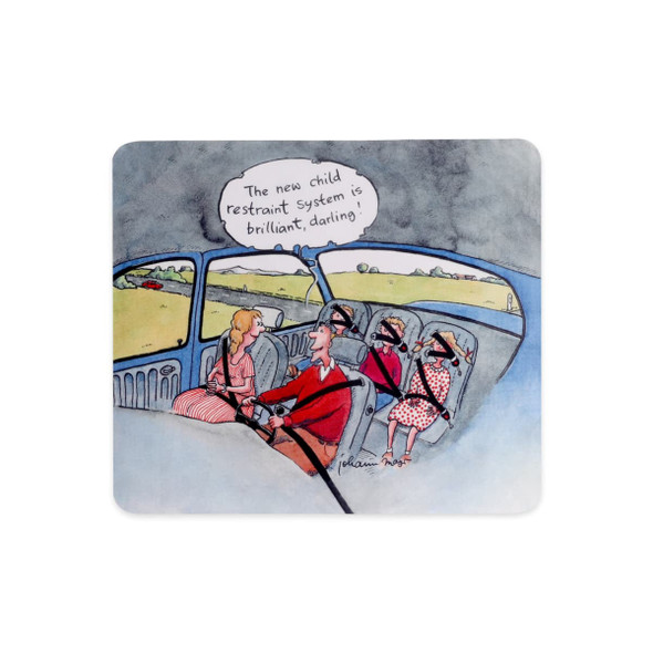 A mouse pad featuring a cartoon illustration of a family in a car with a humorous quote, predominantly in muted colours.