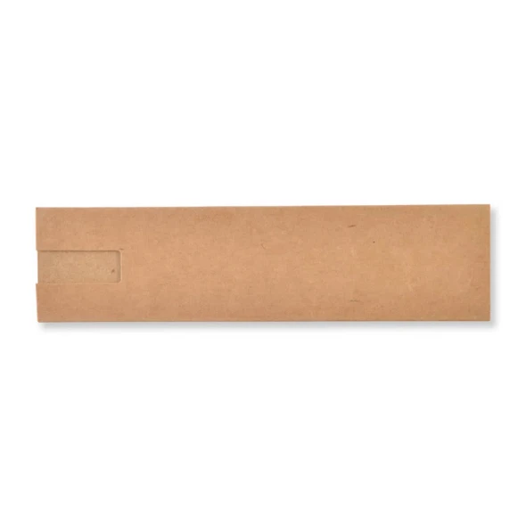 A rectangular cardboard packaging with a slot, designed for holding a writing pen.