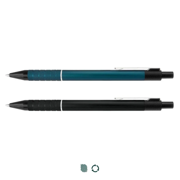 A metal pen set featuring a teal pen and a black pen, each with a sleek design and textured grip.
