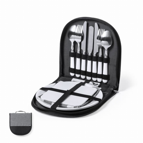 A travel cutlery set featuring black and silver utensils housed in a compact zippered case with a flat plate.