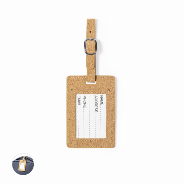 A luggage tag made of cork, featuring a strap and a blank area for personal information.