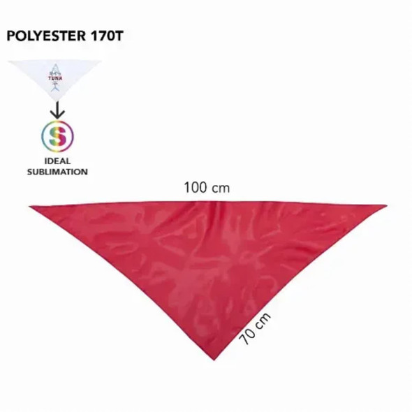 A red polyester triangular fabric piece, measuring 100 cm by 70 cm, with a logo in the corner.