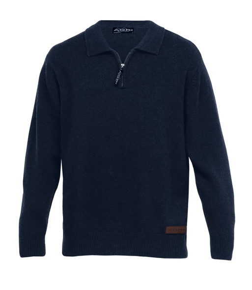 A dark navy jersey featuring a quarter zip and a logo on the side. Perfect for sports and casual wear.