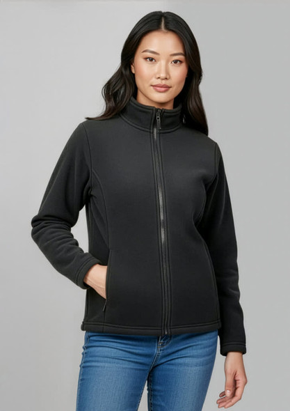 A women's plain black micro fleece jacket with a zip front and side pockets, featuring a logo on the chest.