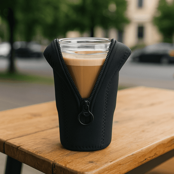 A black Oakleigh Pouch designed to fit a glass, featuring a zippered design and sitting on a wooden table.
