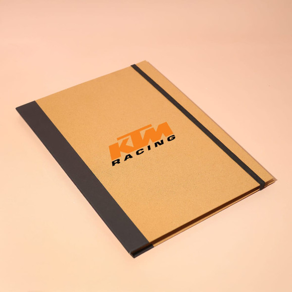 A gold and black A4 padfolio with an elastic closure and a logo on the front.