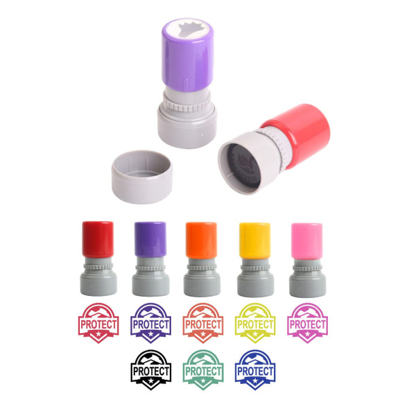 A coloured round stamp in purple, red, yellow, orange, pink, and grey, featuring a logo and various stamp ink colours.