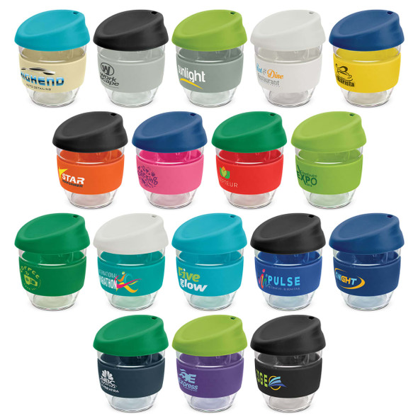 A collection of Nova Cups in various colours, featuring borosilicate glass and different coloured lids along with branding.